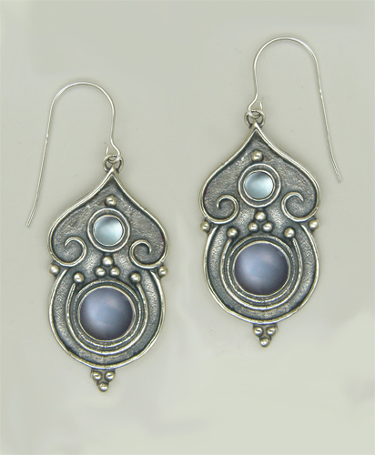 Sterling Silver Gothic Inspired Drop Dangle Earrings With Grey Moonstone And Blue Topaz